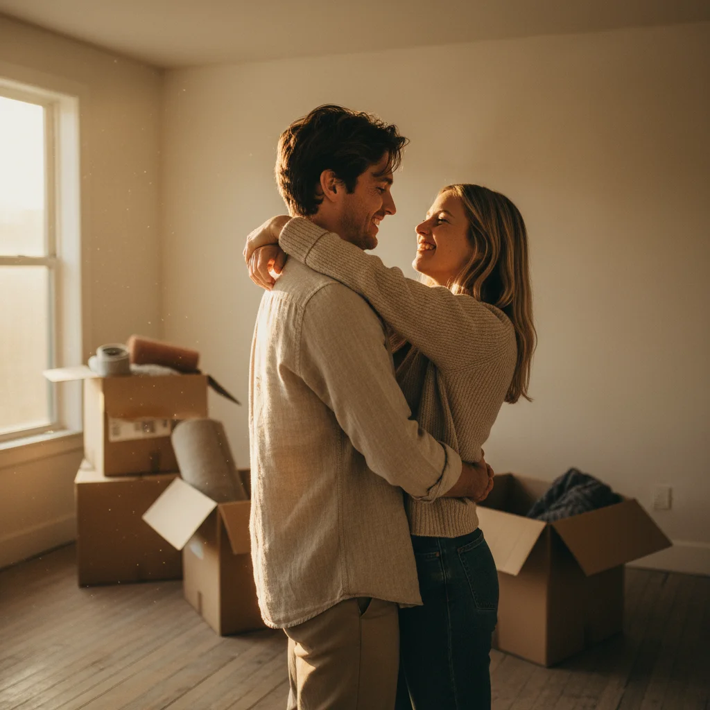 Ilustrace spokojené rodiny v novém domě při stěhování - Hypotéka na bydlení
